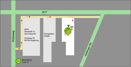 H Bärenbergl Linie 21 Holzweg B17 Hirblinger Str. AWS  Wertstoff- &  Servicepunkt  Holzweg 32 86156 Augsburg  Kleingarten- anlage