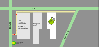 H Bärenbergl Linie 21 Holzweg B17 Hirblinger Str. AWS  Wertstoff- &  Servicepunkt  Holzweg 32 86156 Augsburg  Kleingarten- anlage